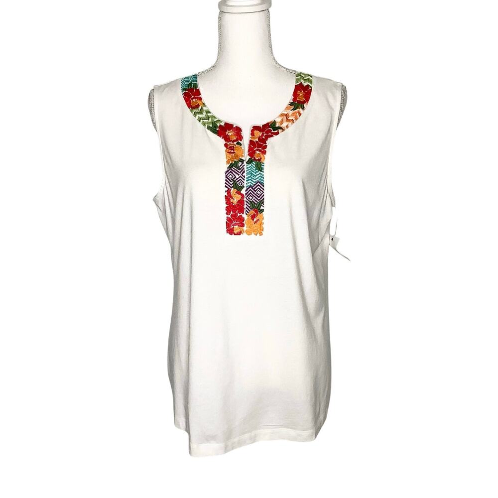 Croft & Barrow White Sleeveless Top Multicolor Embroidery Large NWT